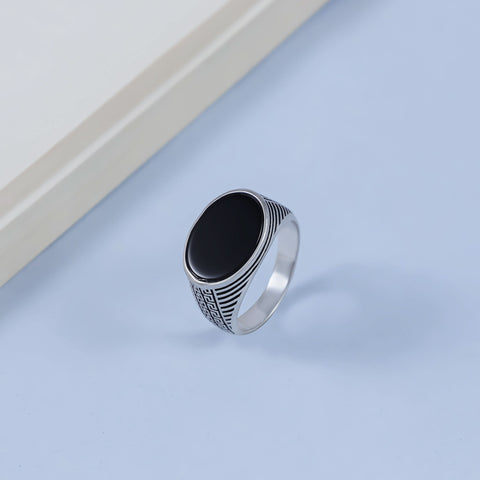 Harish Black Oval Style Silver Ring For Him