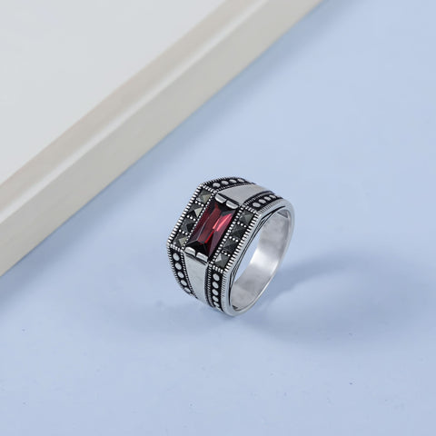 Jatin Red Stone Statement Silver Ring For Him