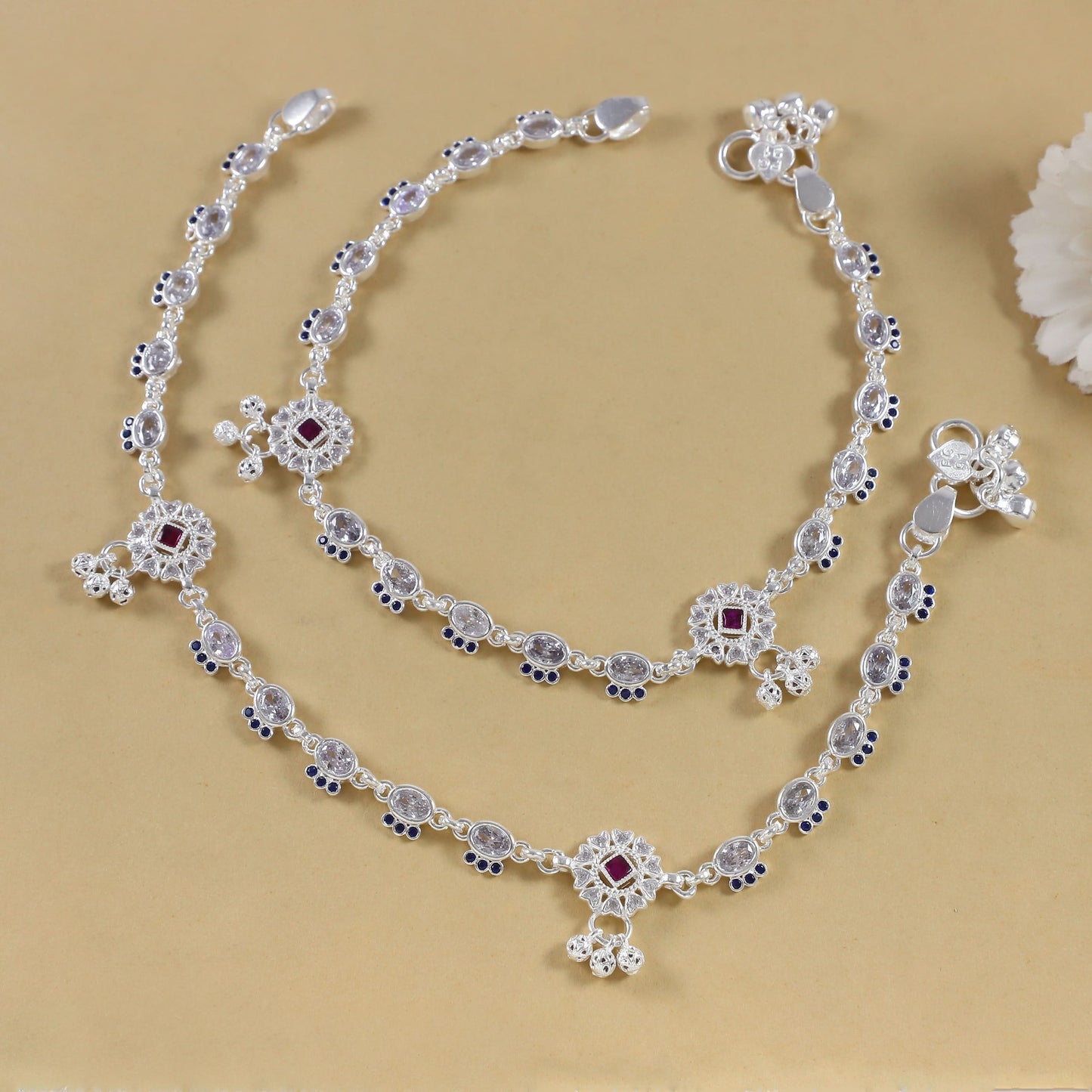 Meera Royal Blue Accents Silver Anklets