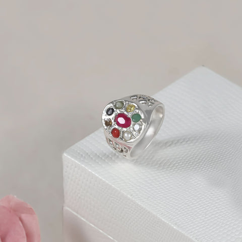 Auspicious Navratna Signet Silver Ring For Him