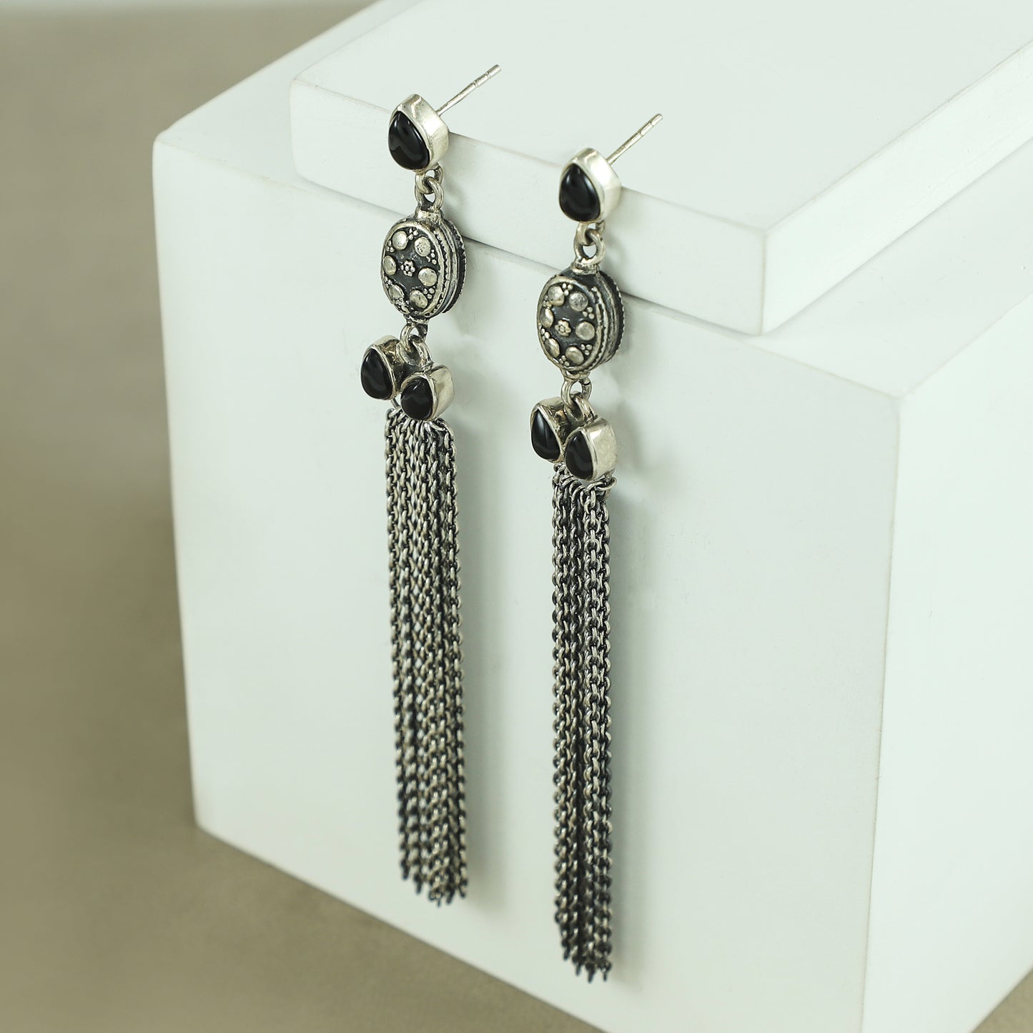 Avni Black Silver Chain Earrings