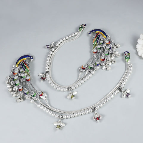 Meenakari Peacock Charm  Silver Anklets
