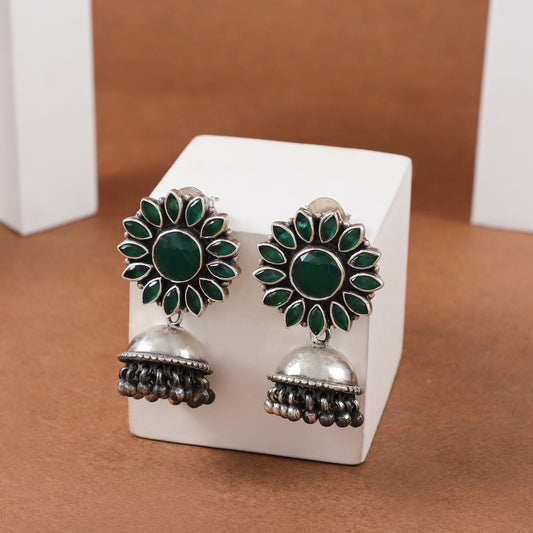 Atashi Green Floral Silver Earrings