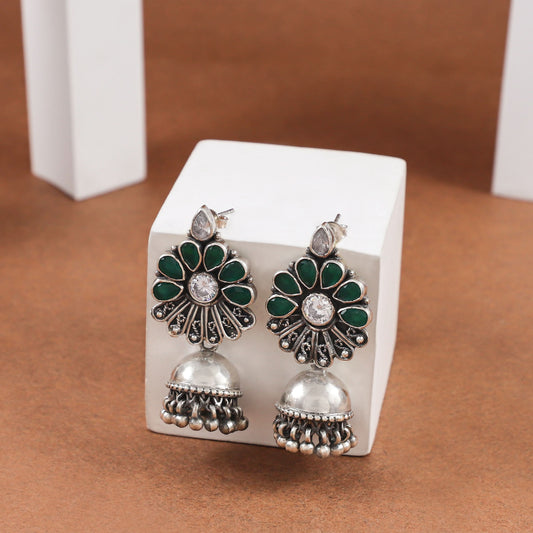 Ishani Green Drop Silver Earrings