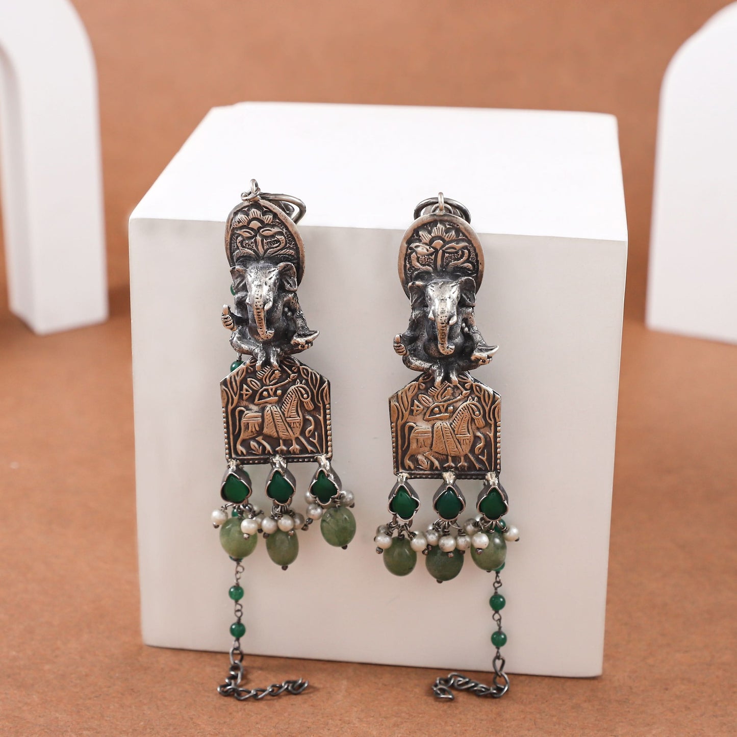 Saryu Green Silver Earrings With Deity Motif