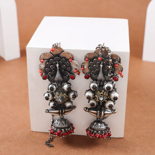 Shiya Red Silver Earrings With Peacock Motiy