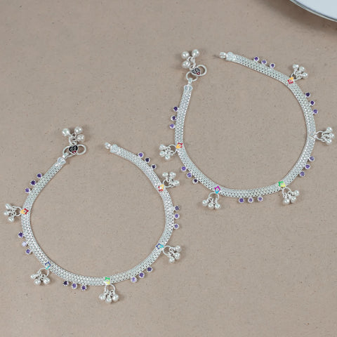 Ananya Stylish Colorful Silver Anklets
