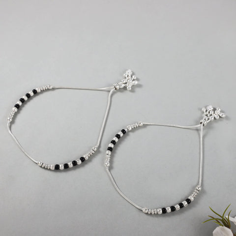 Priya Black Beads Silver Anklets
