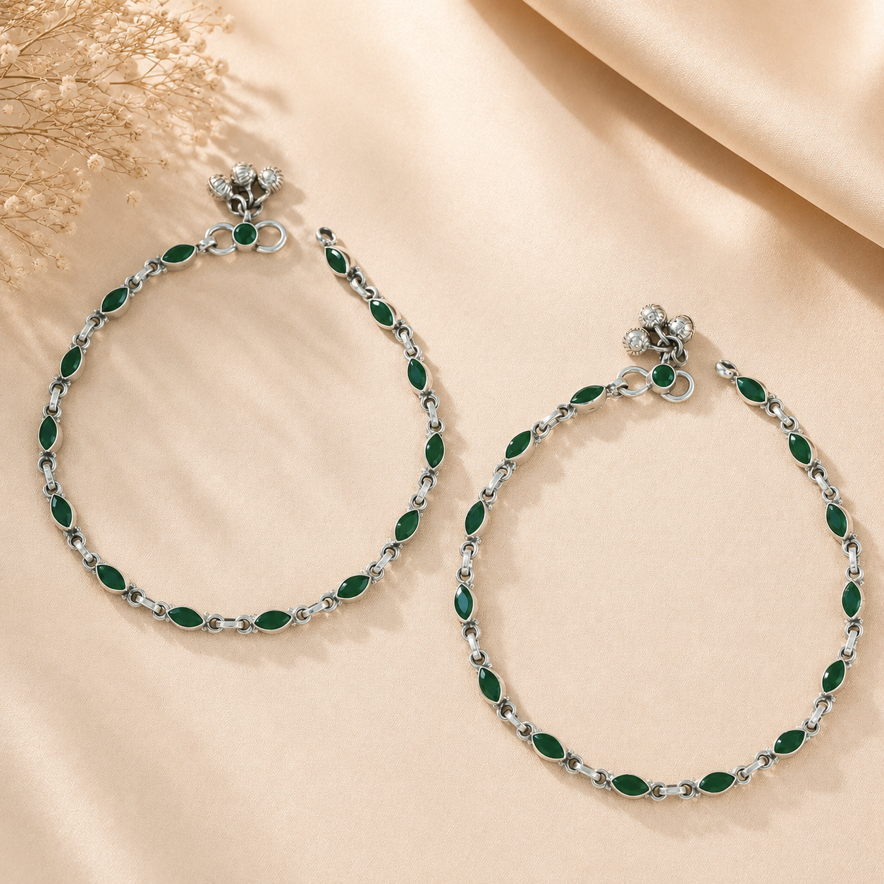 Myra Green Enamel Chain Silver Anklets