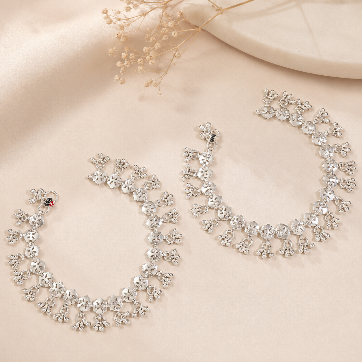 Floral Cutwork Silver Anklets