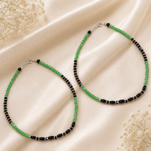 Alina Black Green Beaded Silver Anklets