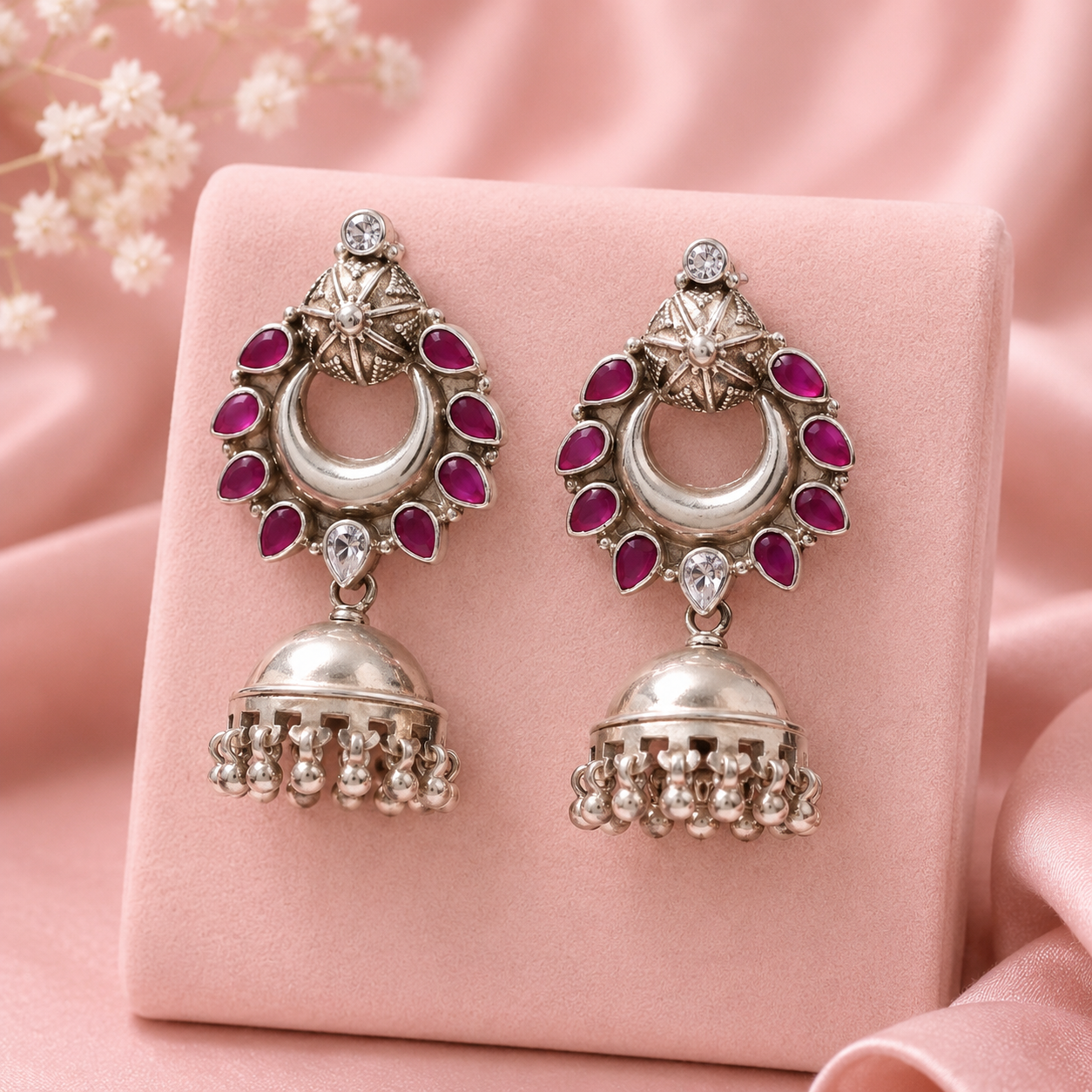 Ishani Antique  Ruby Drop Silver Jhumki