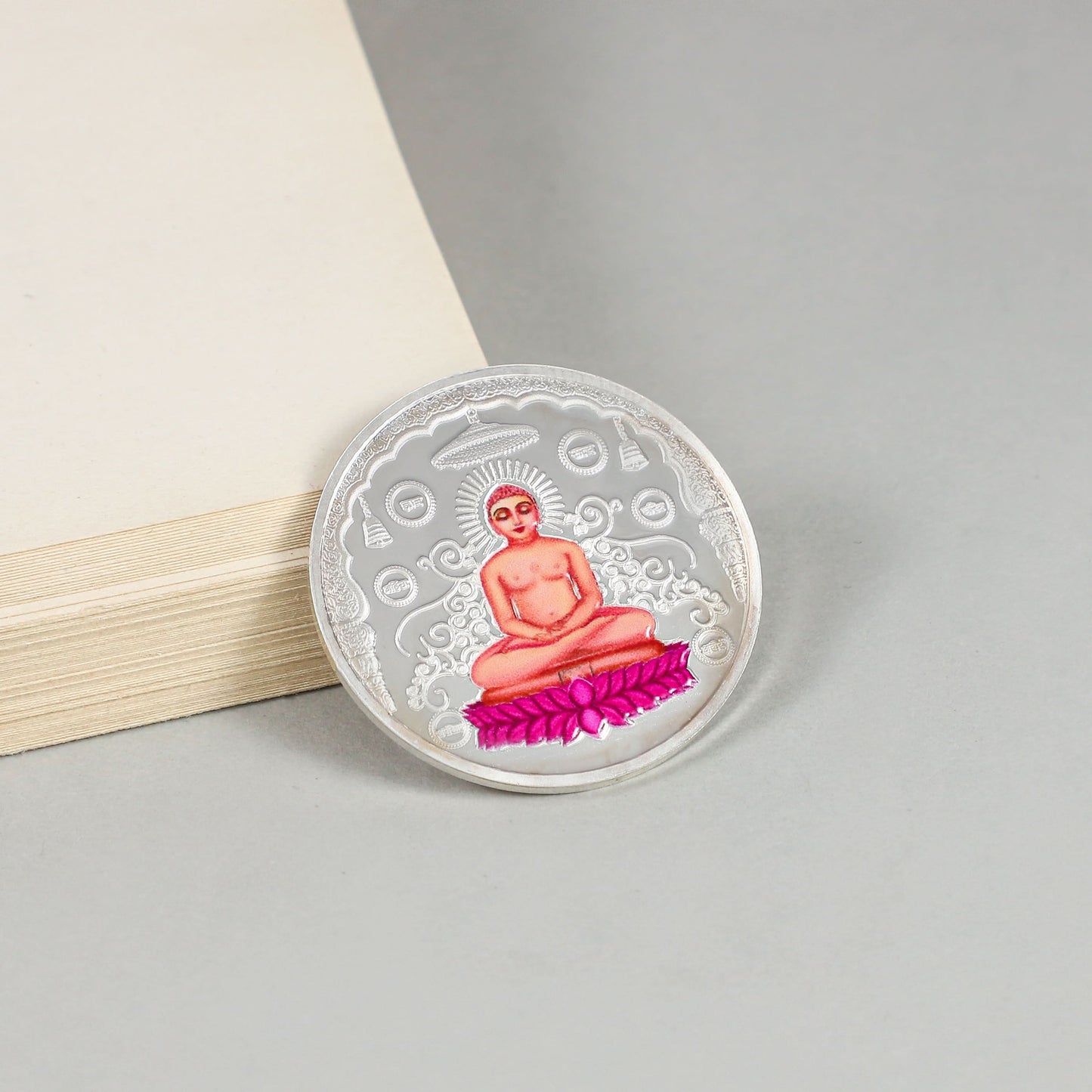 Shanti Siddharth Silver Coin- Divine Jain Tirthankar silver spiritual elegance.