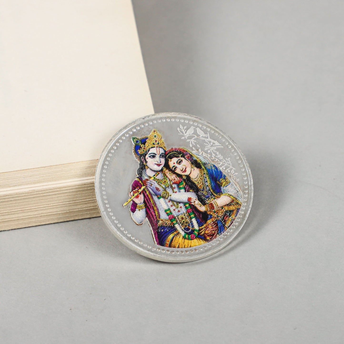 Radha Krishna Coin-Divine silver coin with vibrant Radha Krishna