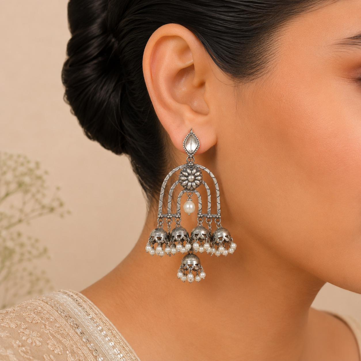 Aarohi Pearl Cascade  Silver Earrings