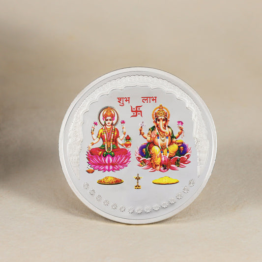 Shubh Labh Coin-Auspicious silver coin with vibrant Lakshmi-Ganesh design