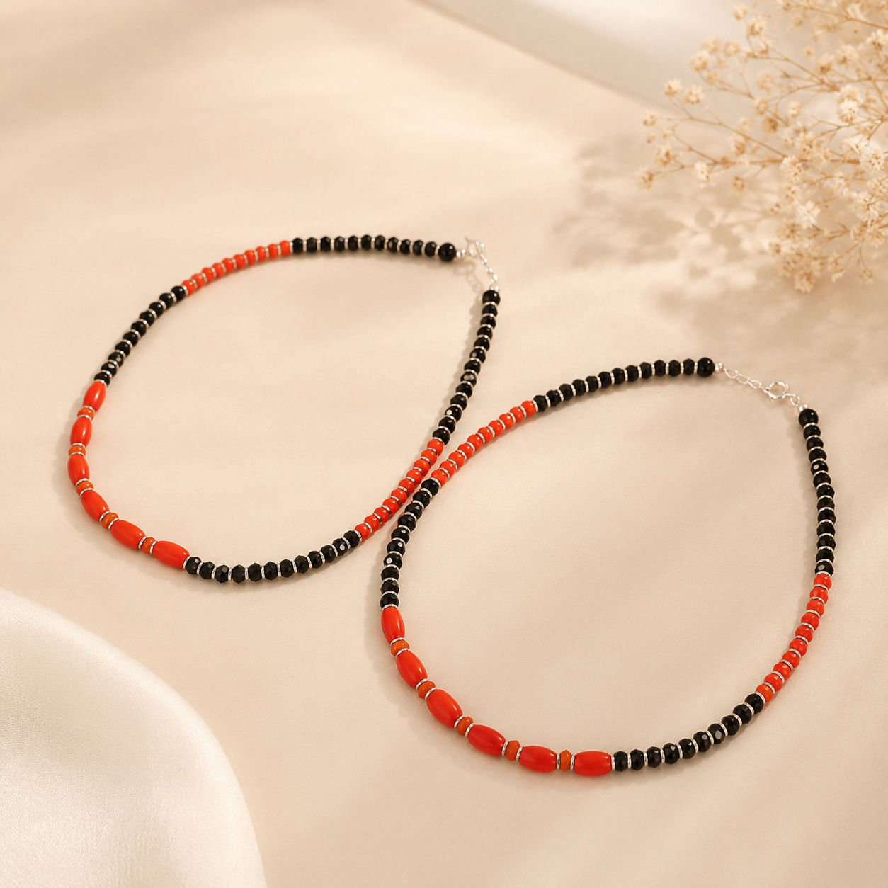 Ethnic Red Black Silver Anklets