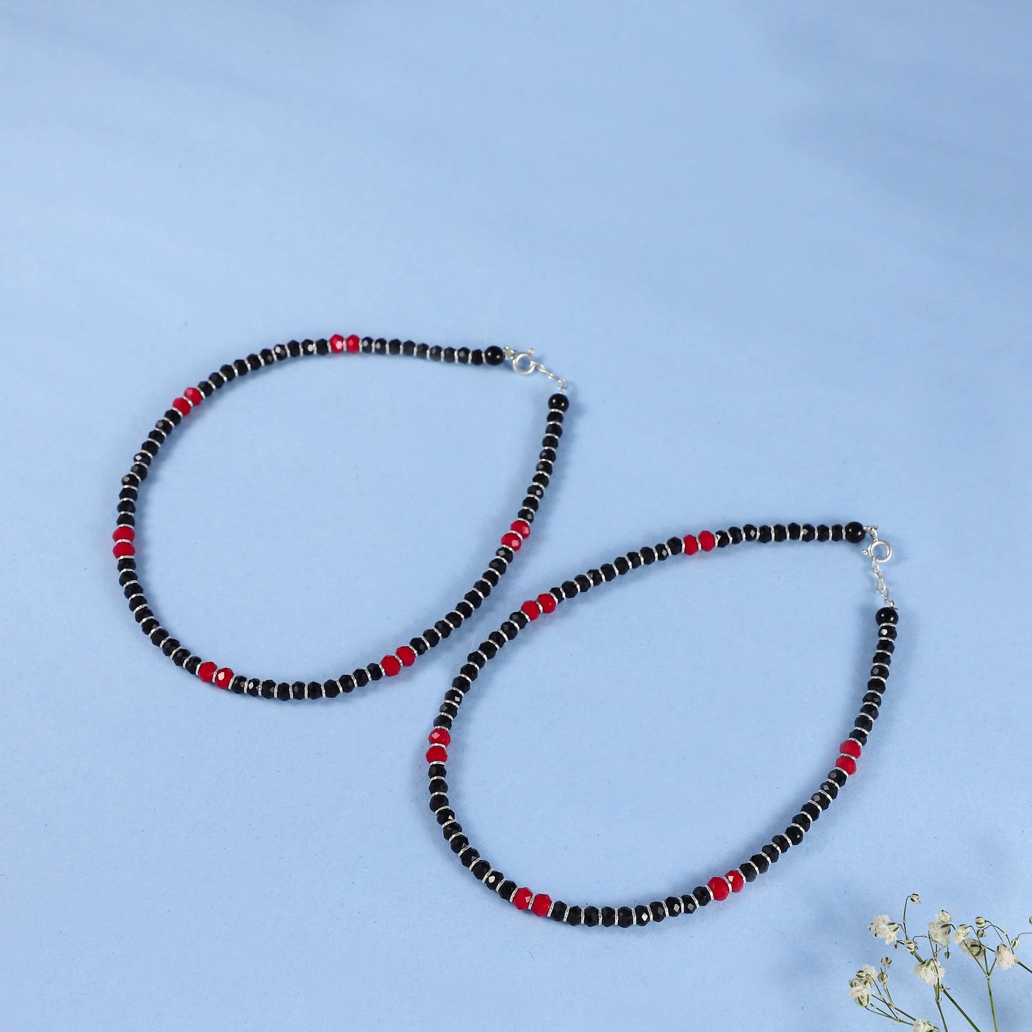 Kavya  Minimal black beaded Silver Anklets