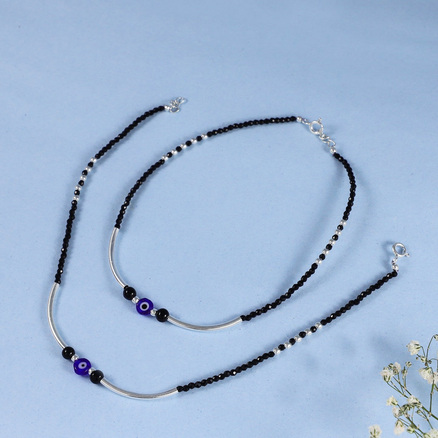 Evil Eye Beaded Silver Anklets