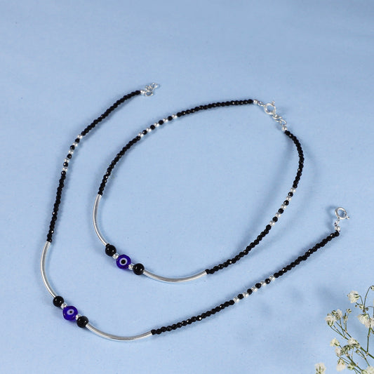 Evil Eye Beaded Silver Anklets