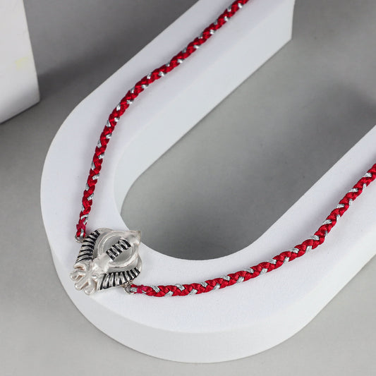 Divine Trishul & Damru Silver  Rakhi with Braided Red-Silver Thread