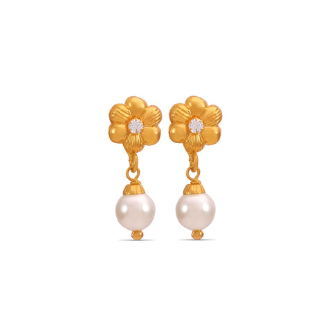 Meera Floral Pearl Drop Gold Earrings