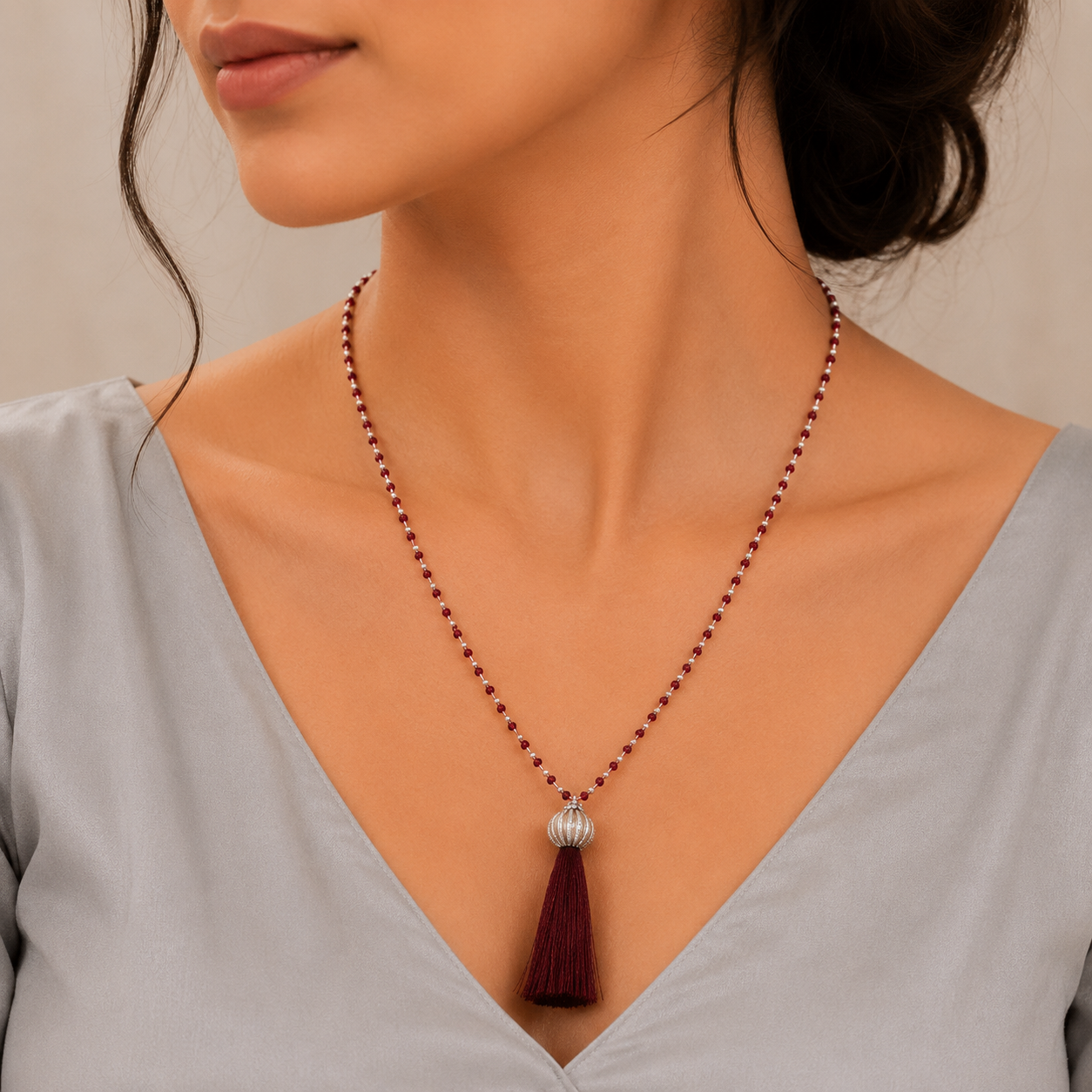 Tanvi Silk Thread Silver Tassel Necklace