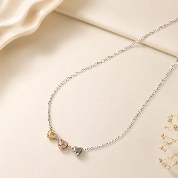 Three Heart Graceful Modern Silver Necklace