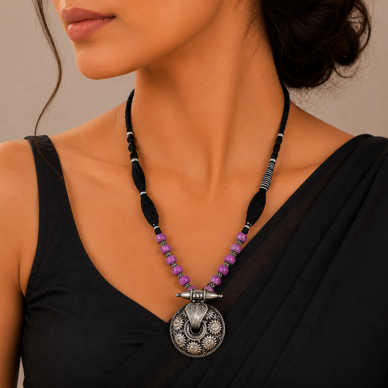 Sun Vibrant Pink Beads Silver Necklace