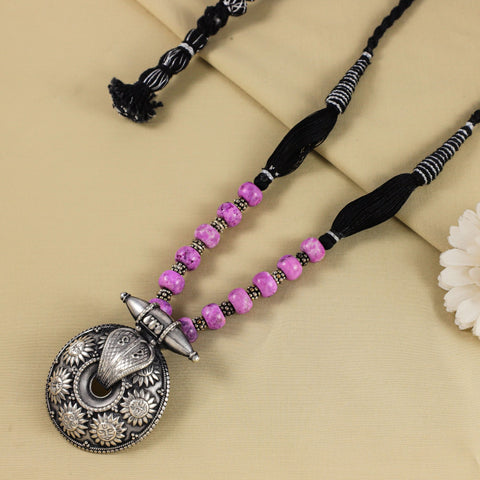 Sun Vibrant Pink Beads  Black Thread Silver Necklace