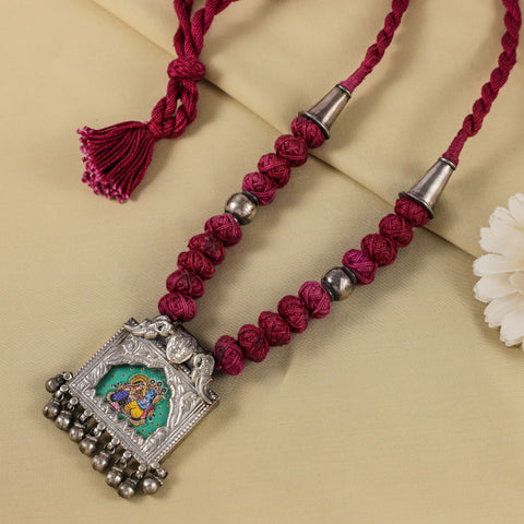 Krishna Leela Divine Red Thread Silver Necklace