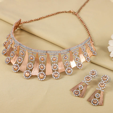 Rose-Gold Floral Cz Silver Choker Set