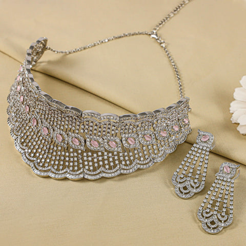 Graceful Silver Cz Choker  Set With Soft Pink Stones