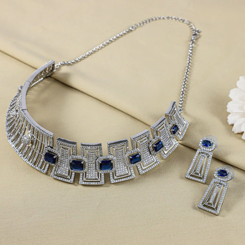 Teena Blue Stone Elegance Silver Cz Choker Set