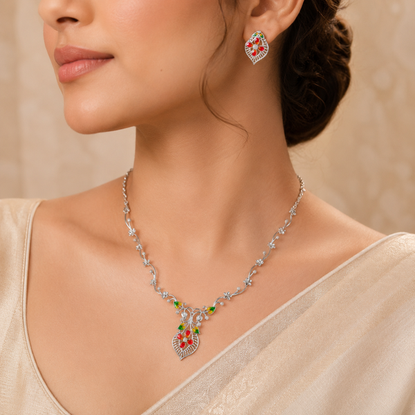 Zoya Colorful Floral Cz silver Necklace Set
