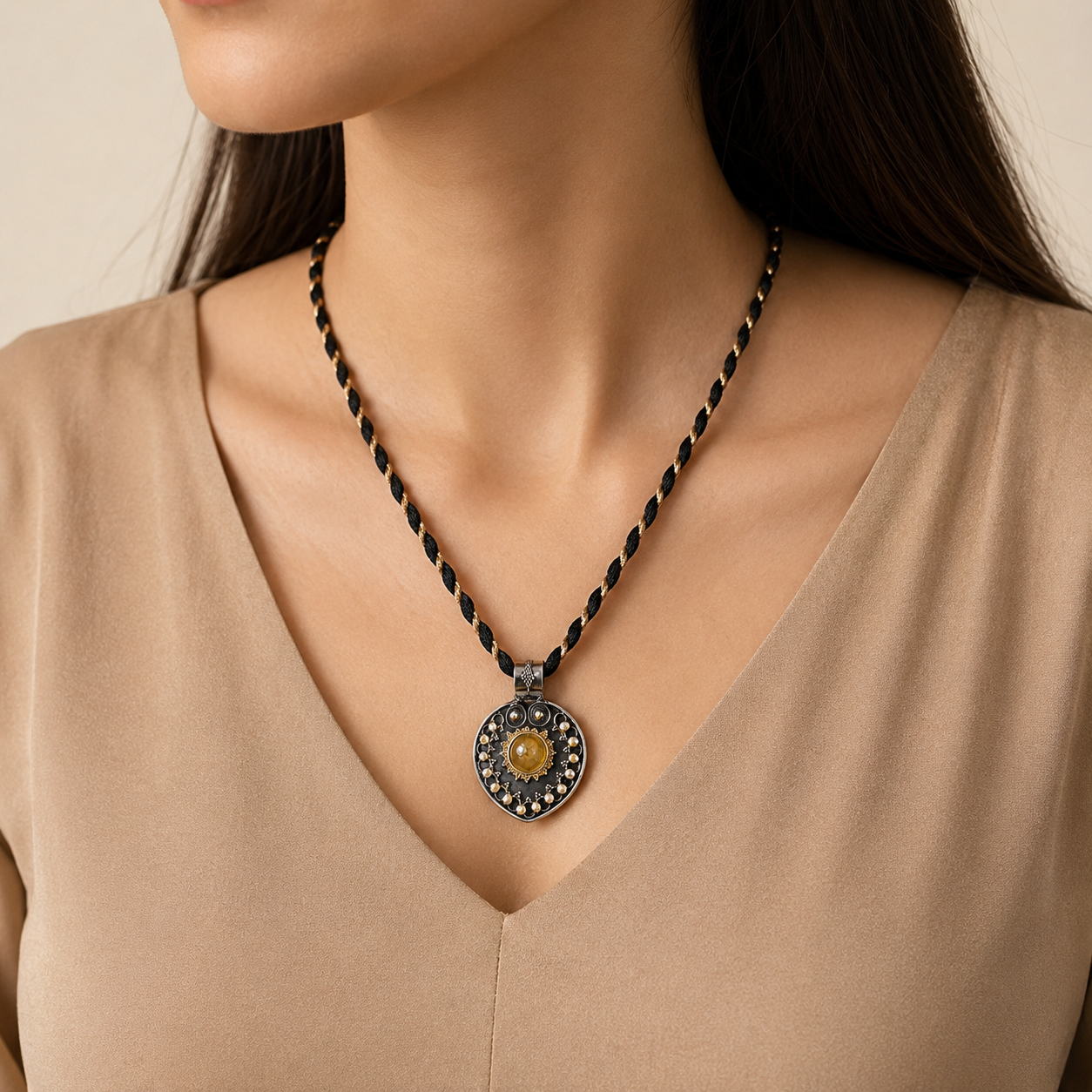 Bhavya Divine Black Thread Silver Necklace
