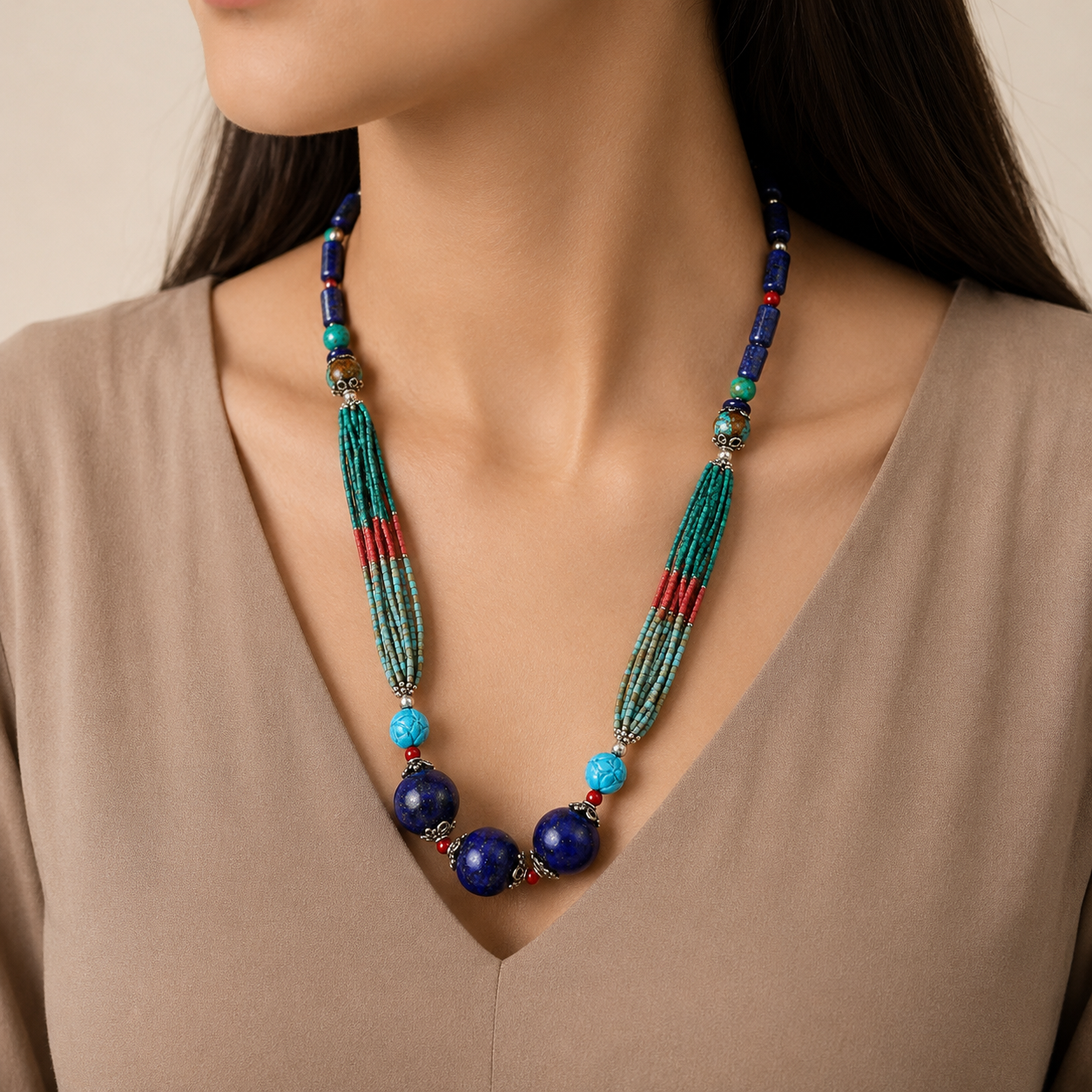Preeti Multicolor Beaded Silver Necklace