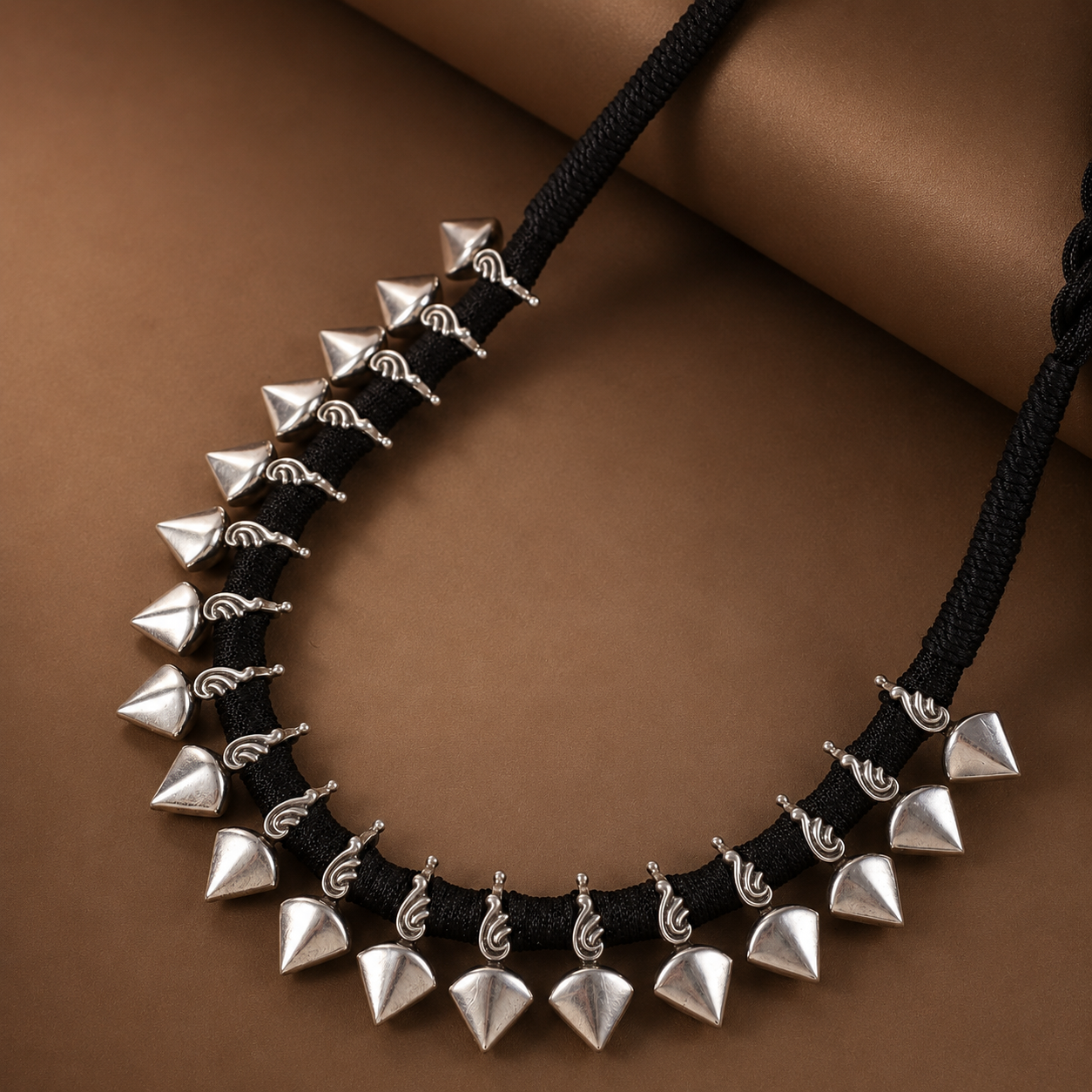 Elegant Statement Black Thread Silver Necklace