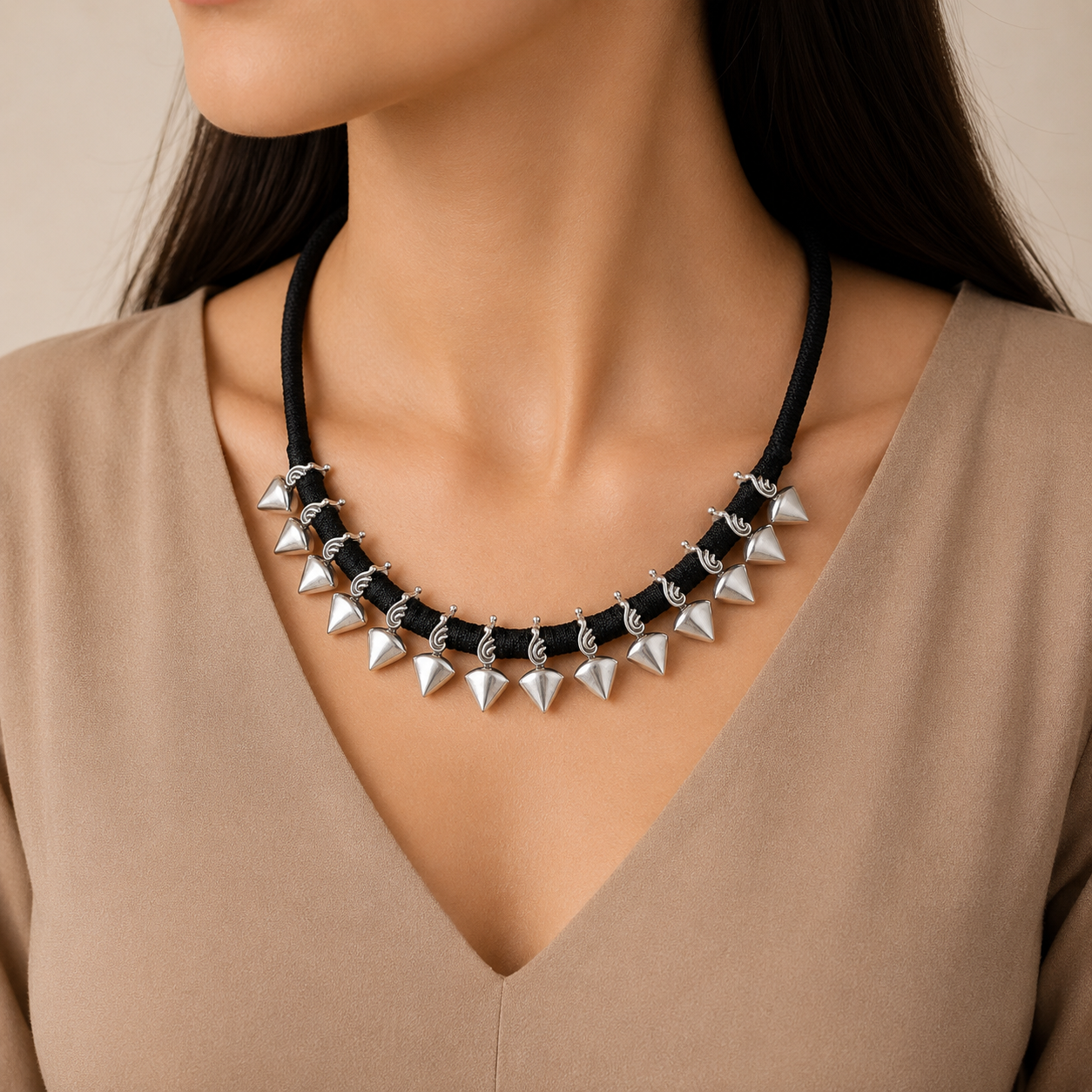 Elegant Statement Black Thread Silver Necklace