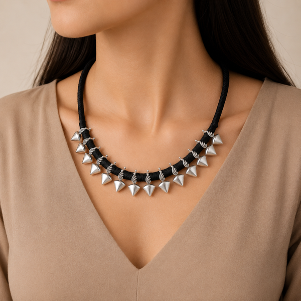 Elegant Statement Black Thread Silver Necklace