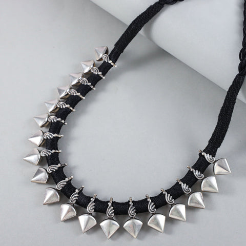 Elegant Statement  Black Thread Silver Necklace
