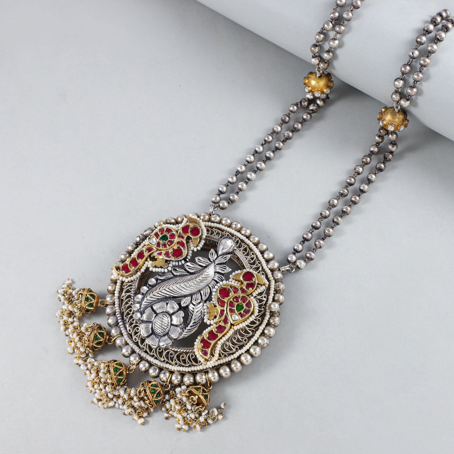 Vaani  Intricately Work And Pearl   Royal Silver Necklace