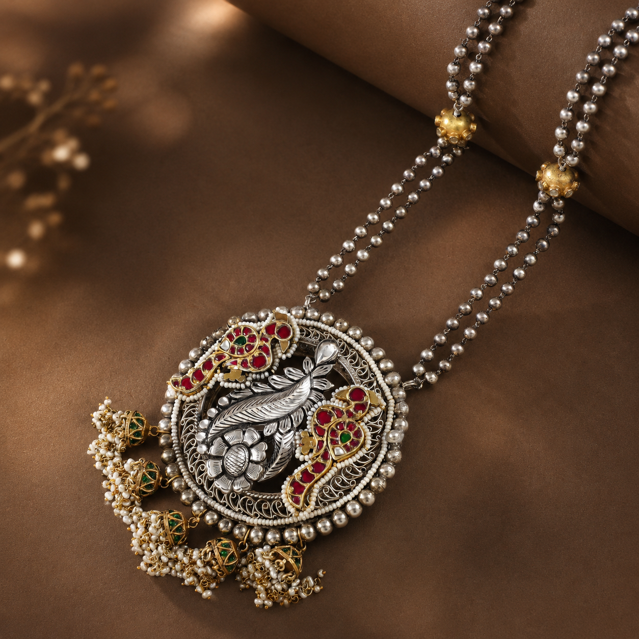 Vaani  Intricately Work And Pearl Royal Silver Necklace