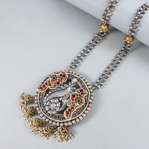 Vaani  Intricately Work And Pearl   Royal Silver Necklace