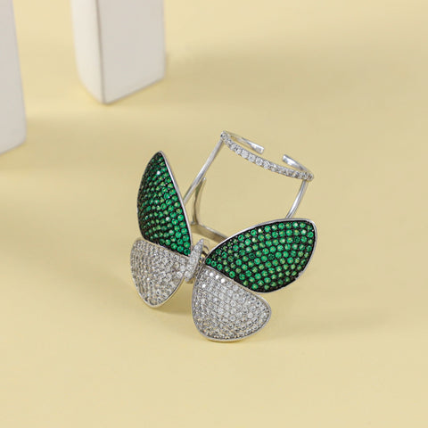 Green-White Butterfly Design Silver Cz Ring