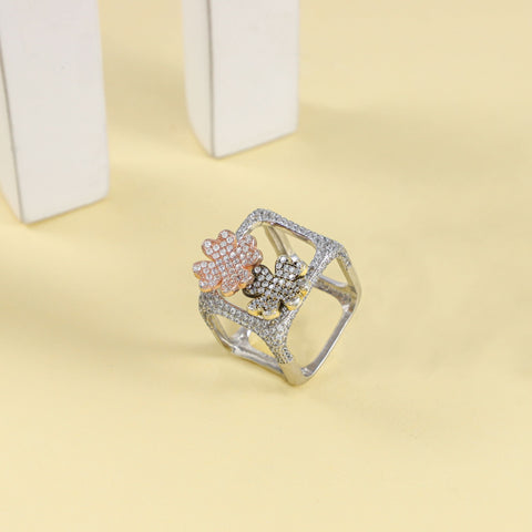 Rose Gold  Bloom Cz Silver Ring