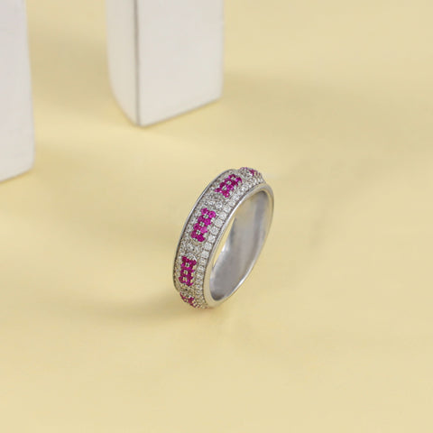 Elegant Silver Band Ring With Cz and Pink Stones