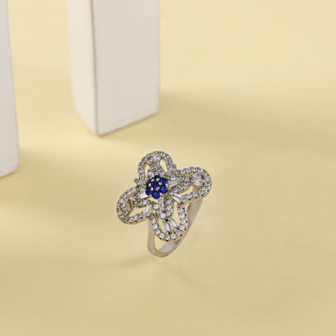 Blue Sparkle Floral Cz Design Silver Ring