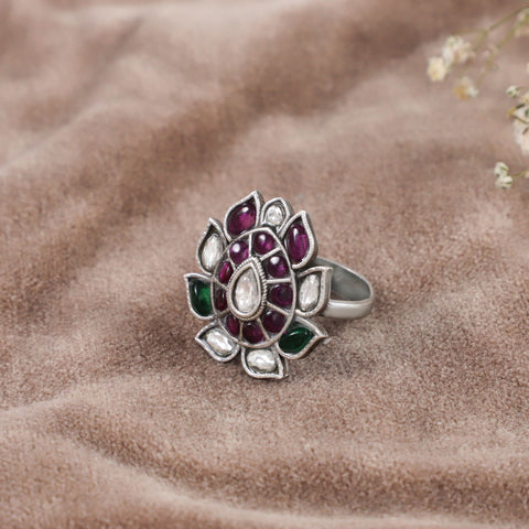Tara Floral  Colorfu  Stones Silver Ring