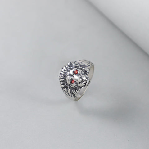 Red Gemstone Eye Loin Silver Ring For Him
